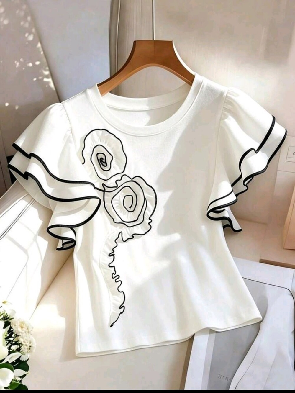 BRAND NEW ** White Ruffle Sleeve Floral Outline Top